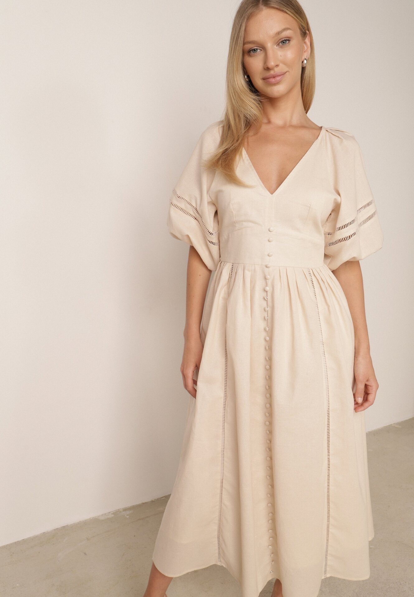 bisou's project Rochie Bej Maxi din Bumbac și In cu Inserții Ajurate și Elastic în Talie Arada
