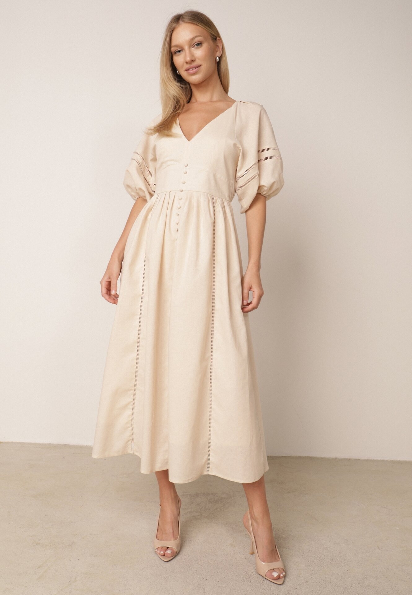 bisou's project Rochie Bej Maxi din Bumbac și In cu Inserții Ajurate și Elastic în Talie Arada