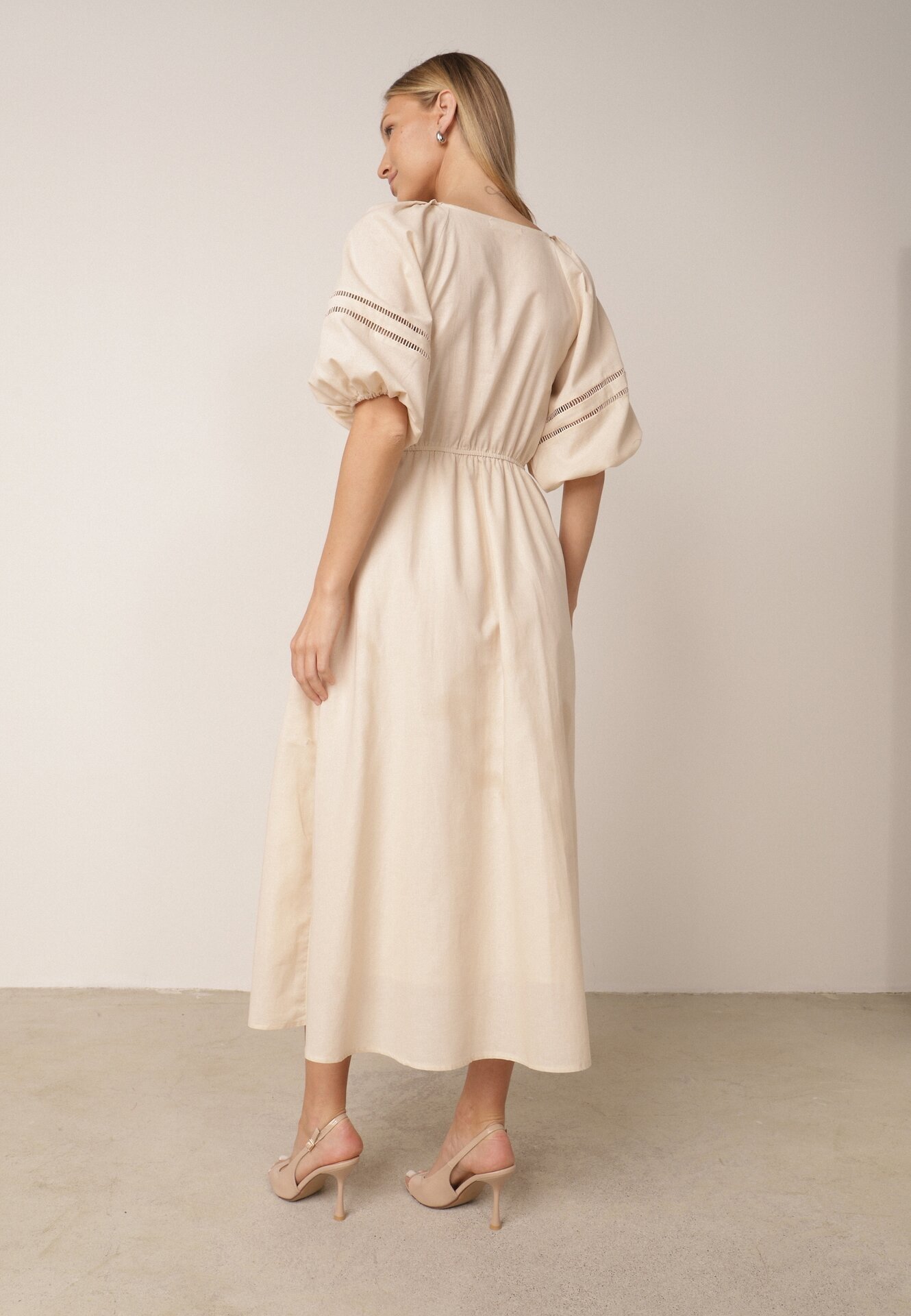 bisou's project Rochie Bej Maxi din Bumbac și In cu Inserții Ajurate și Elastic în Talie Arada