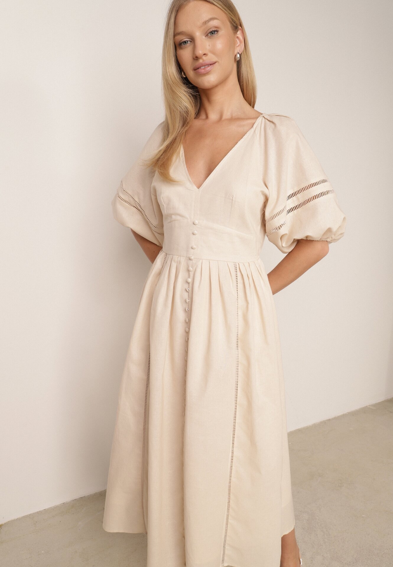 bisou's project Rochie Bej Maxi din Bumbac și In cu Inserții Ajurate și Elastic în Talie Arada