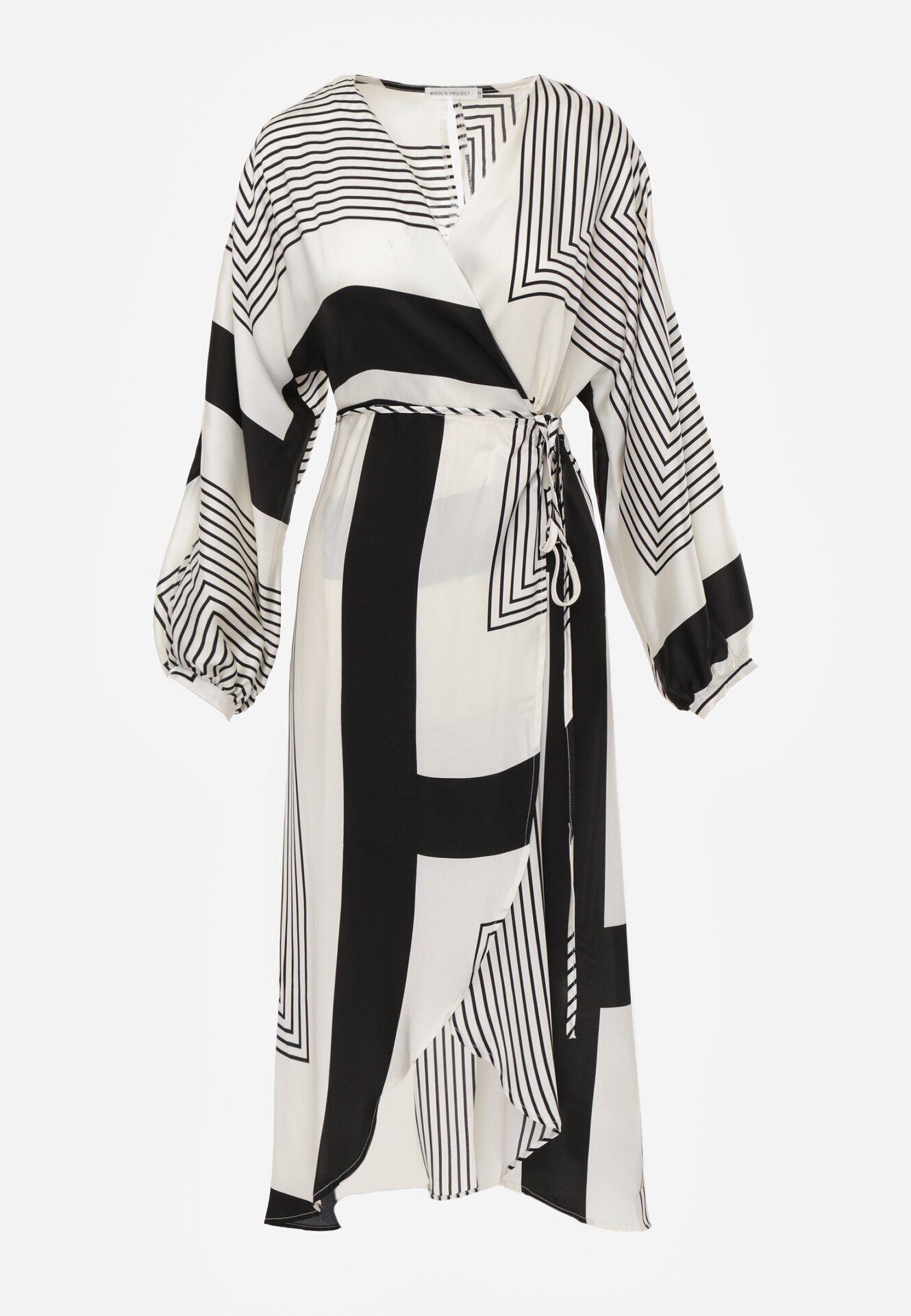 bisou's project Rochie Bej-Neagră Petrecută Kimono cu Model Geometric și Curea Legată Klerossa
