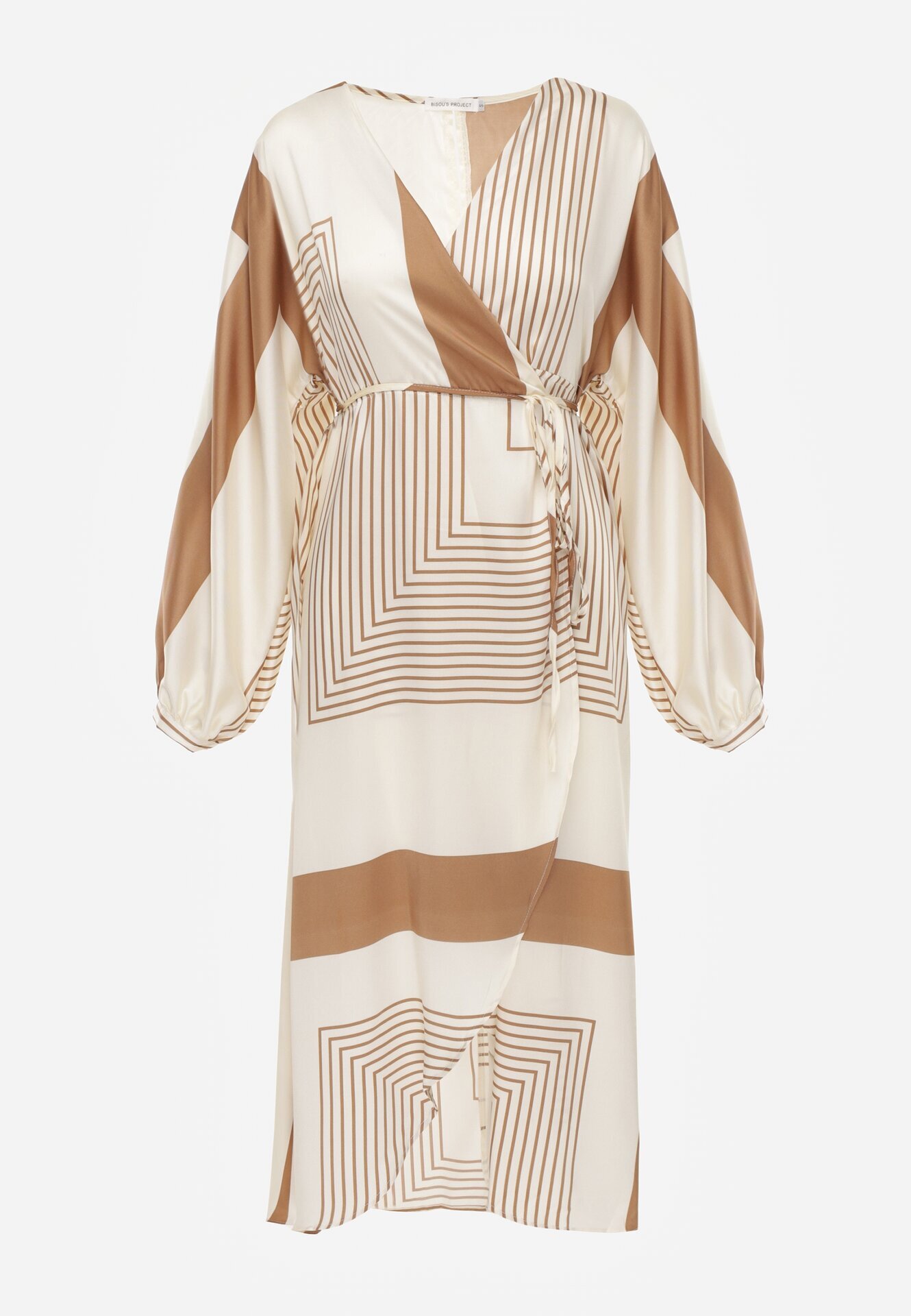 bisou's project Rochie Bej tip plic Kimono cu Model Geometric și Curea Legată Klerossa