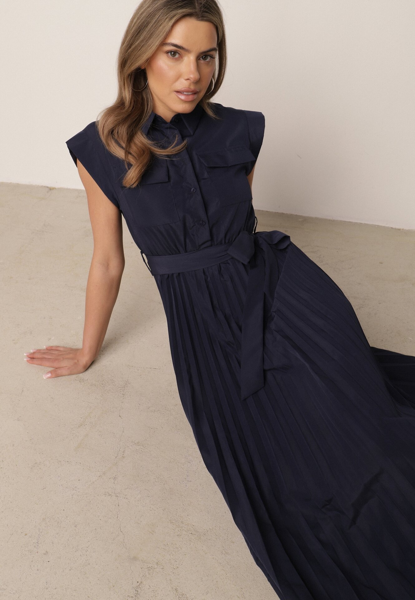 bisou's project Rochie Bleu-marin Plisată din Bumbac și cu Centură Lireviere