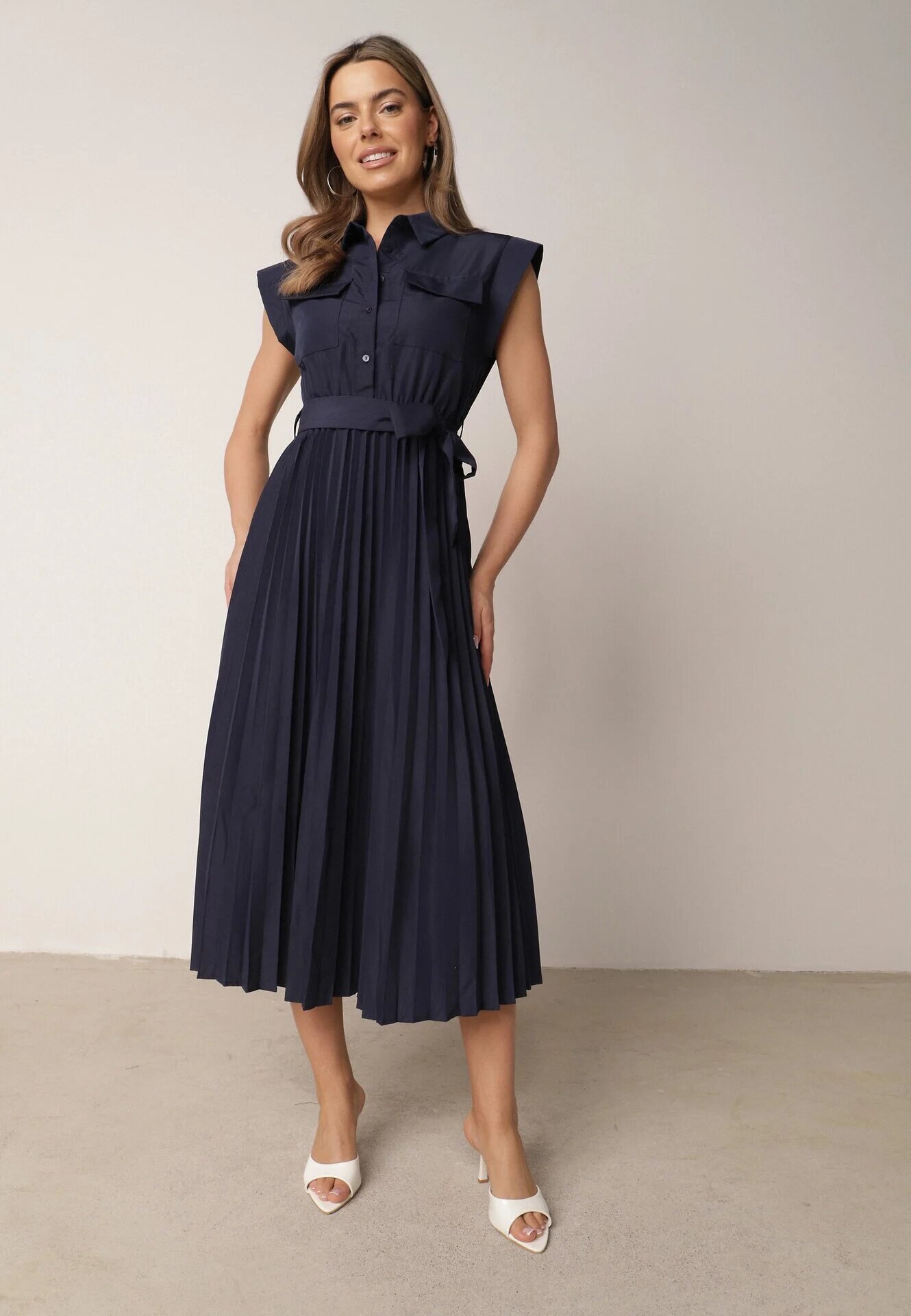 bisou's project Rochie Bleu-marin Plisată din Bumbac și cu Centură Lireviere