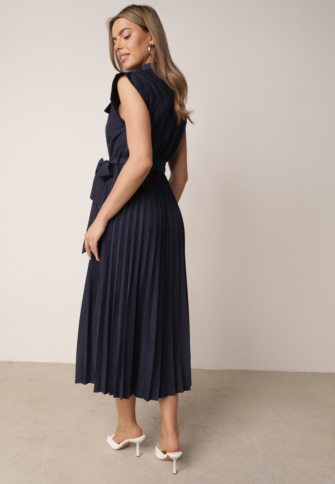 bisou's project Rochie Bleu-marin Plisată din Bumbac și cu Centură Lireviere