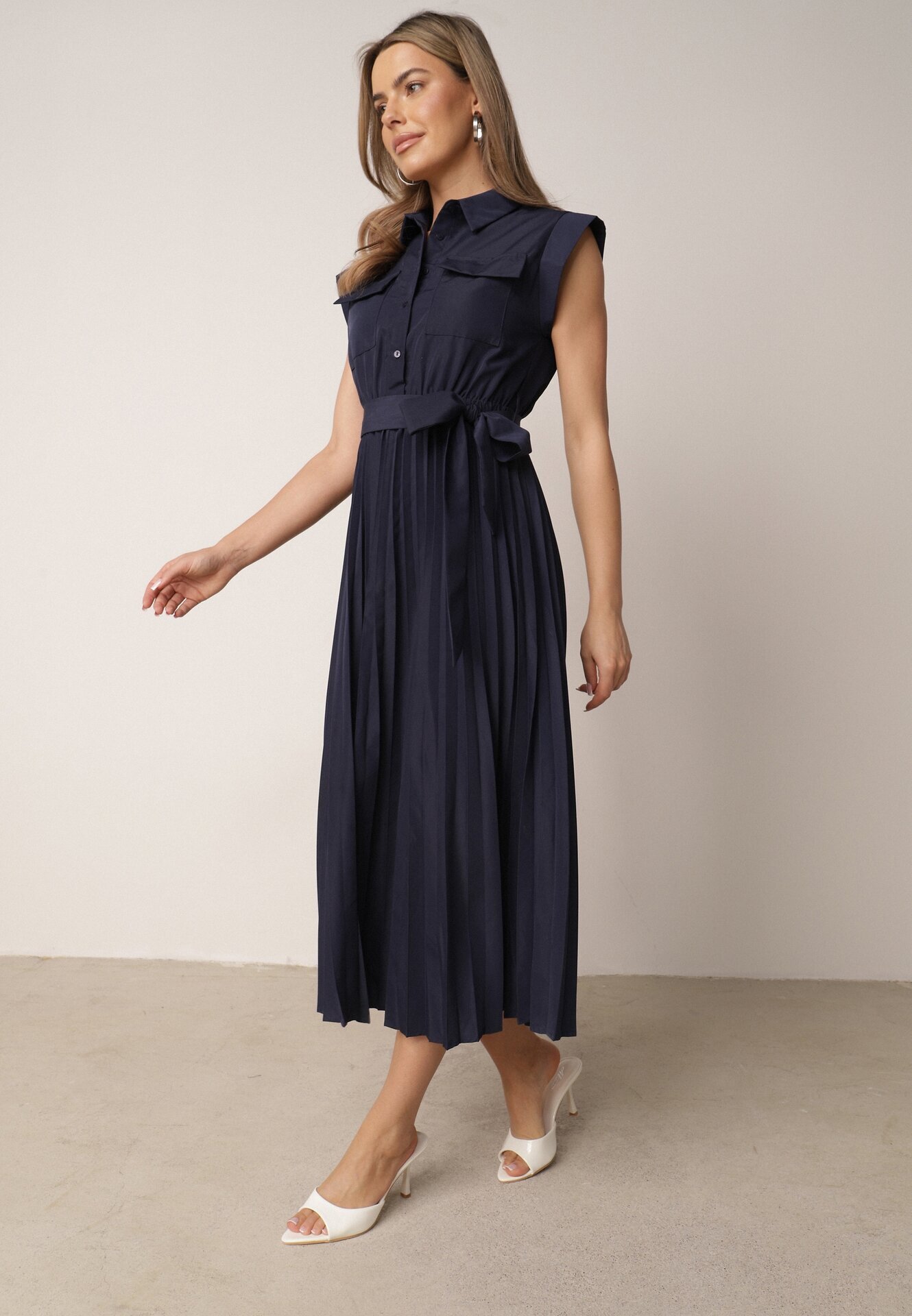 bisou's project Rochie Bleu-marin Plisată din Bumbac și cu Centură Lireviere