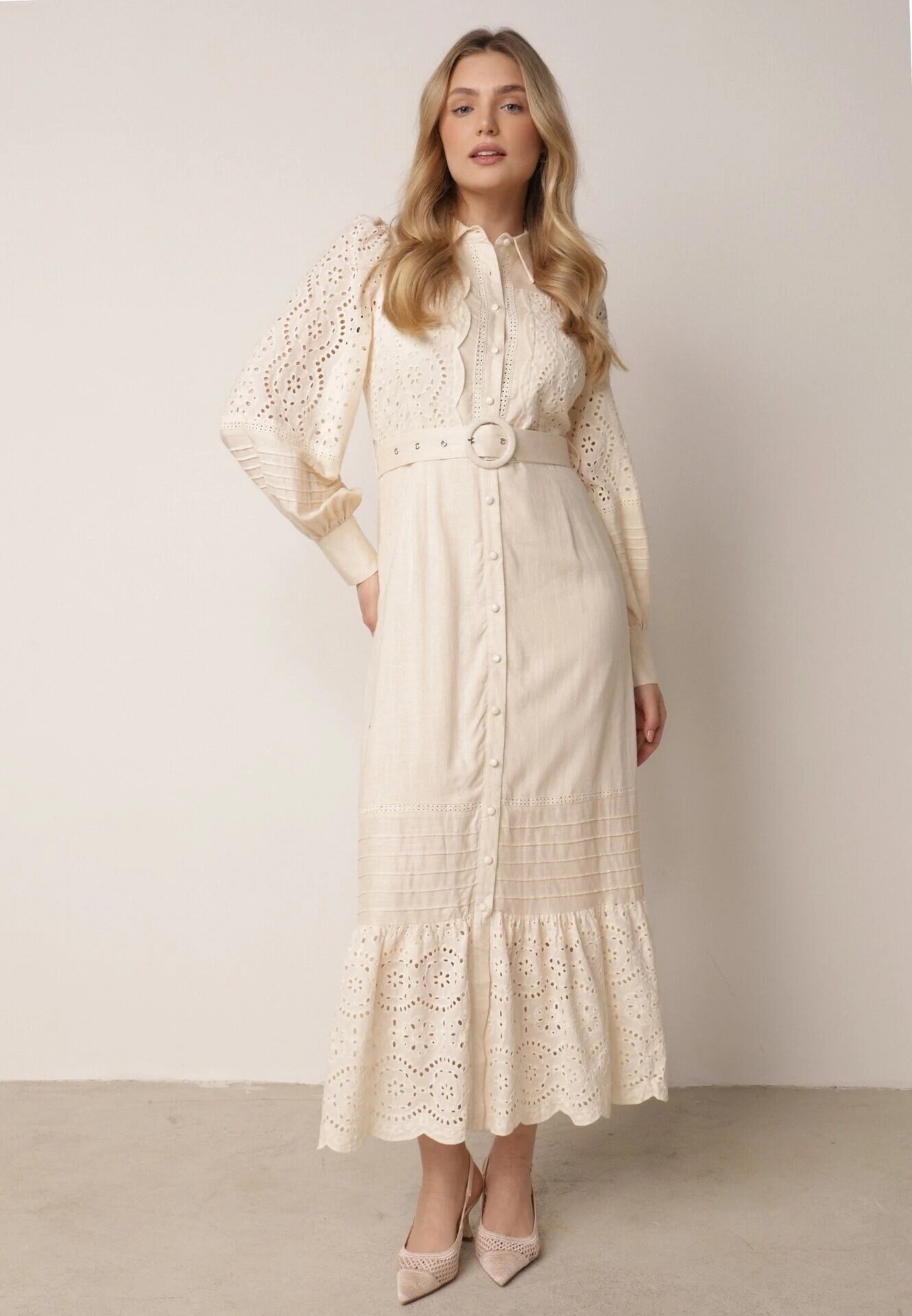 bisou's project Rochie Cămașă Bej din In și Viscoză cu Cordon Inclus cu Broderie Ajurată Eleces