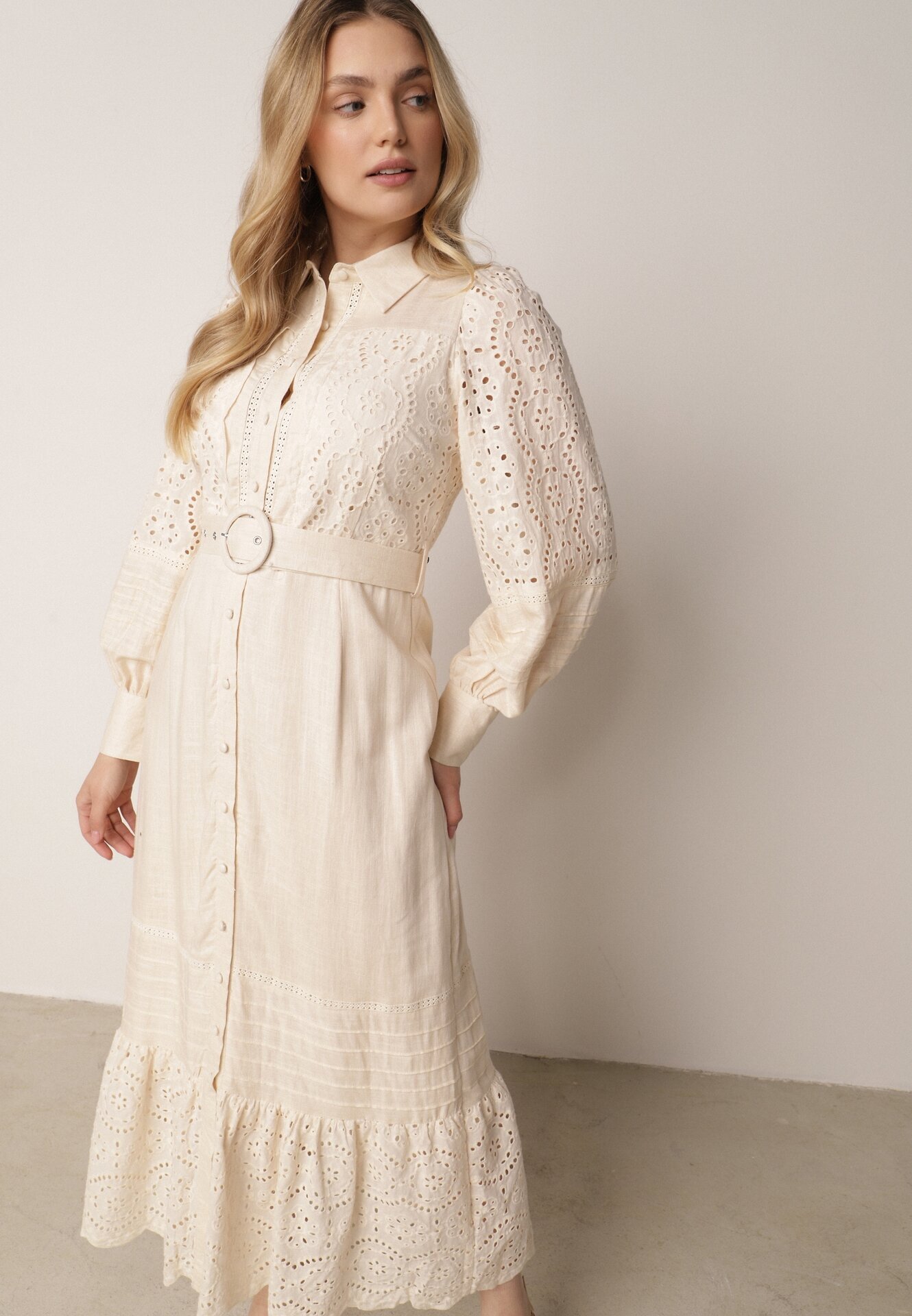 bisou's project Rochie Cămașă Bej din In și Viscoză cu Cordon Inclus cu Broderie Ajurată Eleces
