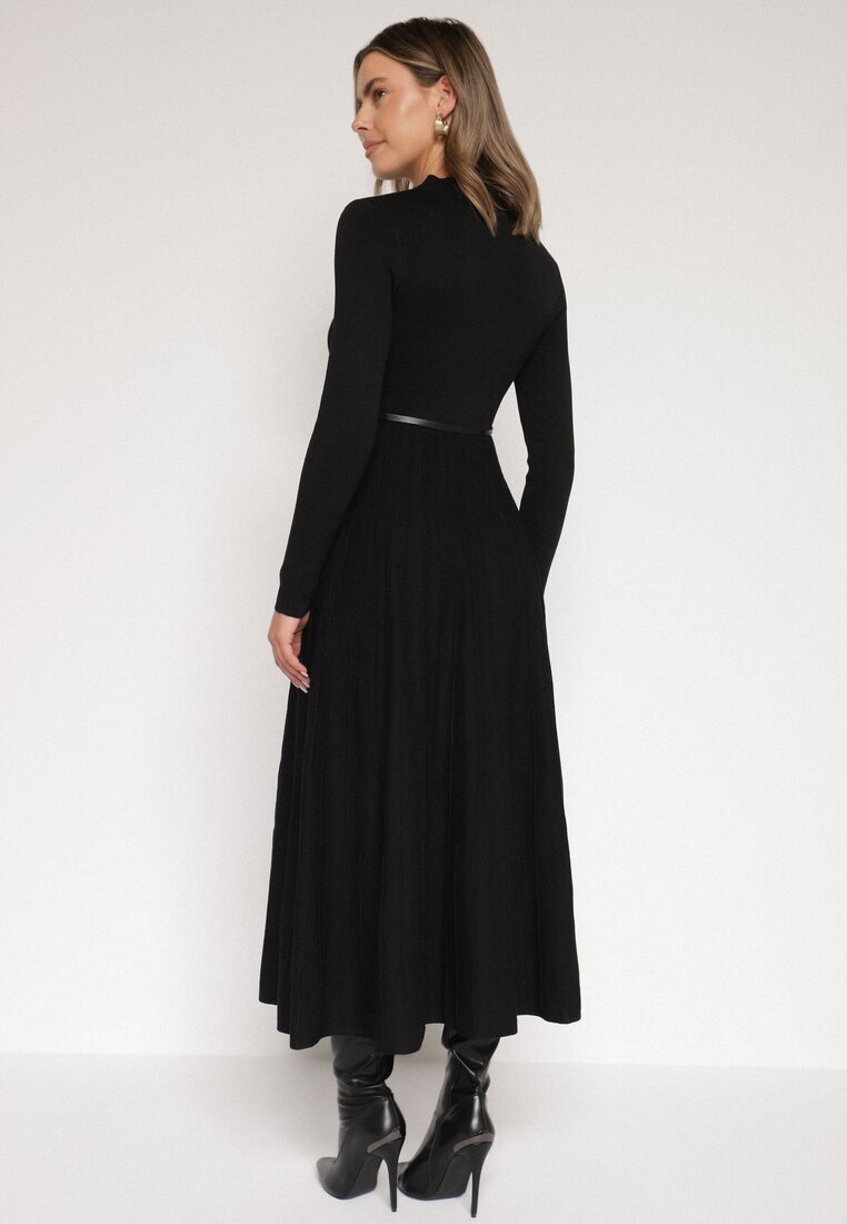 bisou's project Rochie Cloche Neagră din Tricot cu Vâscoză cu Mânecă Lungă și Curea Tusmina