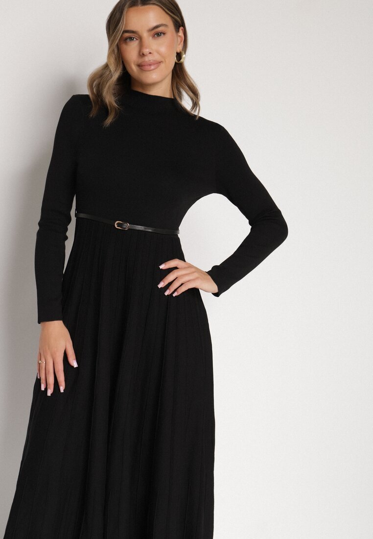 bisou's project Rochie Cloche Neagră din Tricot cu Vâscoză cu Mânecă Lungă și Curea Tusmina
