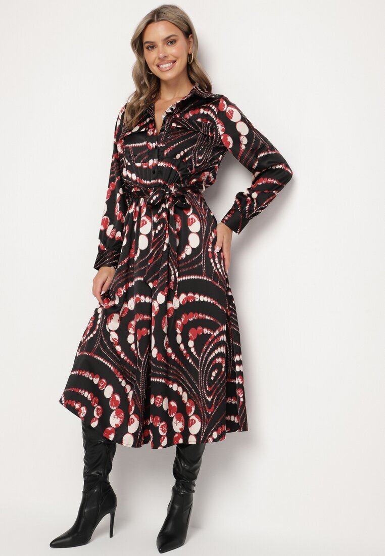 bisou's project Rochie Cloș Negru-Roșie cu Croială Tip Cămașă cu Elastic în Talie cu Imprimeu Abstract Daltinnia