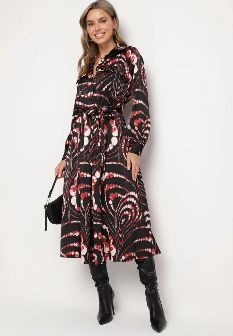 bisou's project Rochie Cloș Negru-Roșie cu Croială Tip Cămașă cu Elastic în Talie cu Imprimeu Abstract Daltinnia