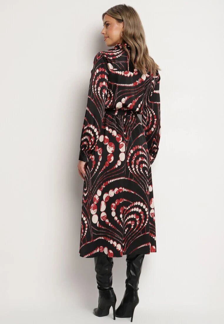 bisou's project Rochie Cloș Negru-Roșie cu Croială Tip Cămașă cu Elastic în Talie cu Imprimeu Abstract Daltinnia
