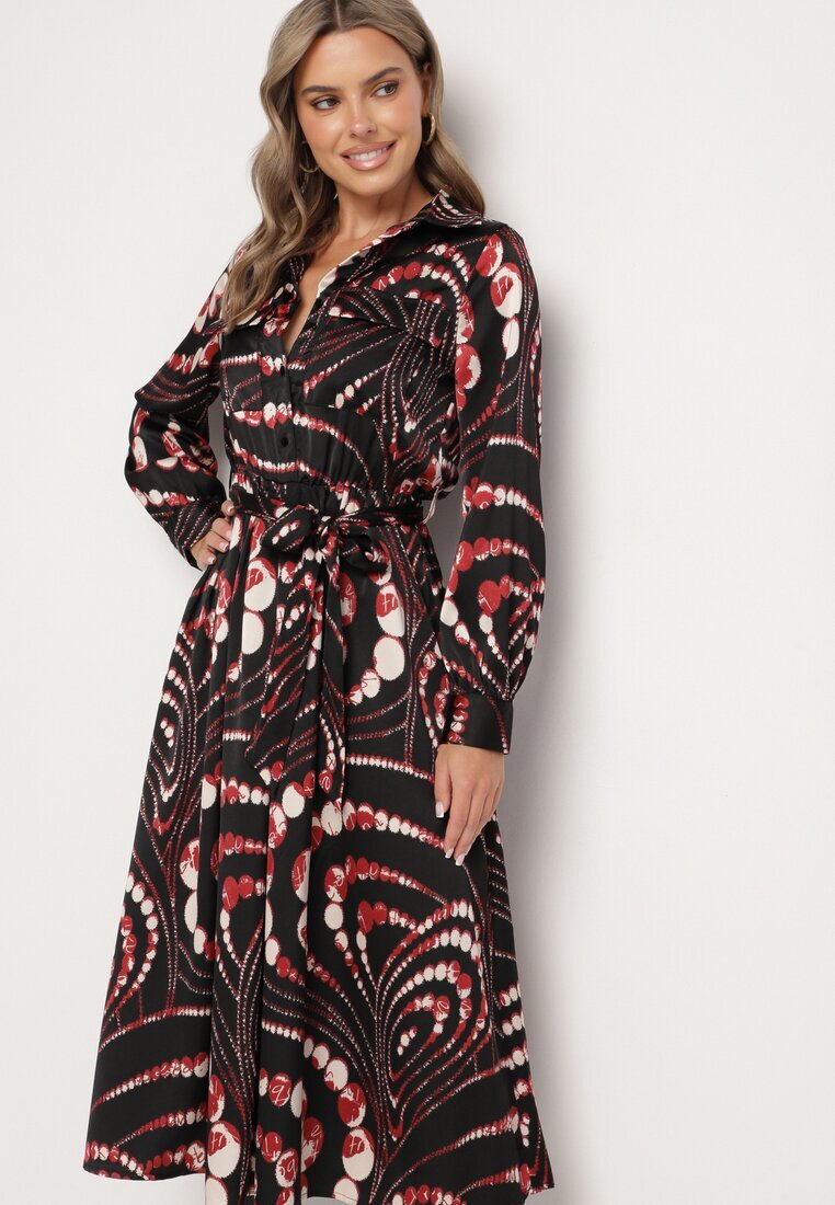 bisou's project Rochie Cloș Negru-Roșie cu Croială Tip Cămașă cu Elastic în Talie cu Imprimeu Abstract Daltinnia