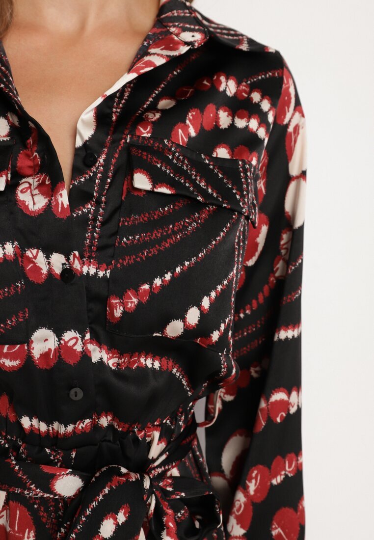 bisou's project Rochie Cloș Negru-Roșie cu Croială Tip Cămașă cu Elastic în Talie cu Imprimeu Abstract Daltinnia