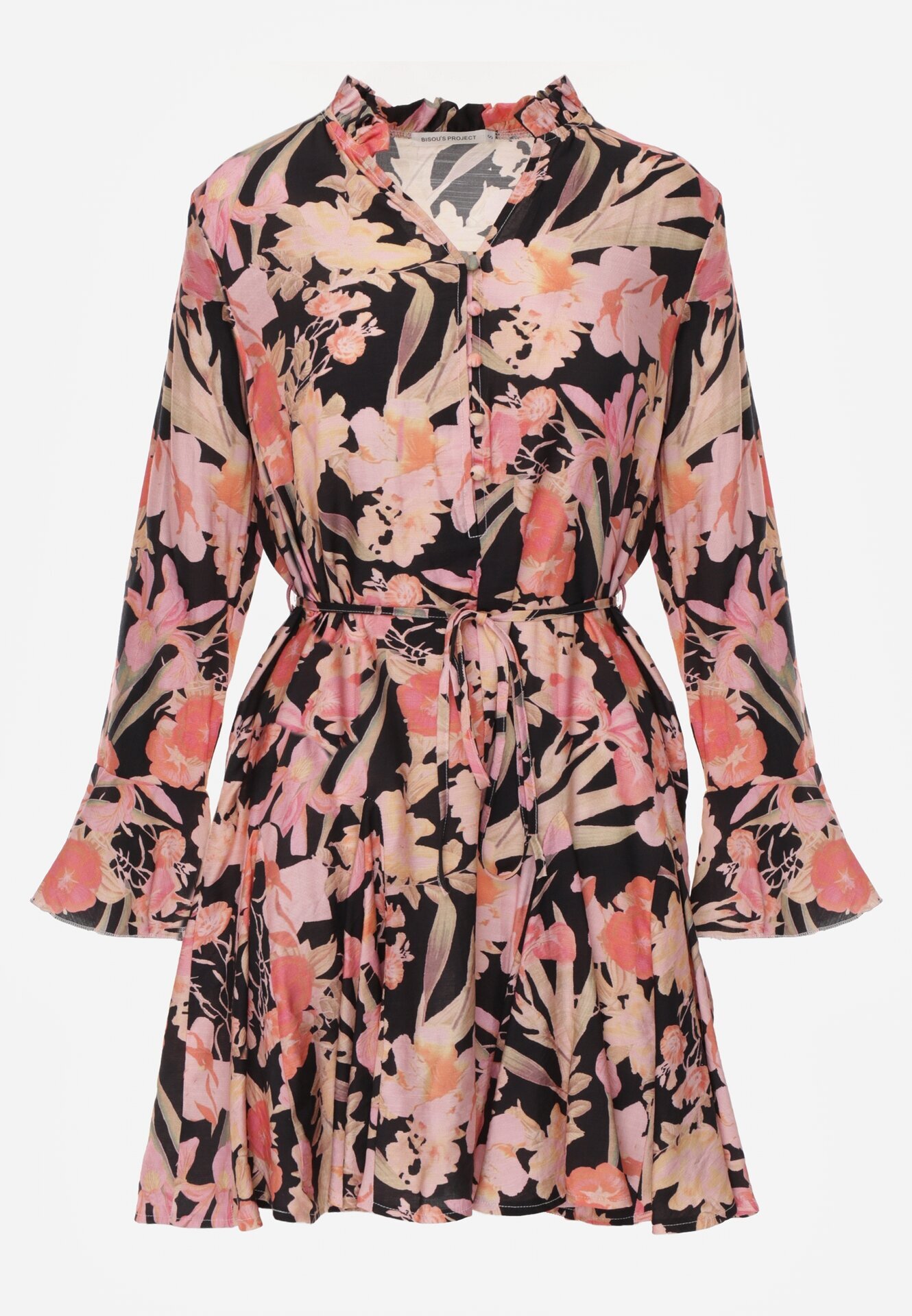 bisou's project Rochie Czarno-Roz din Viscoză Cloș cu Imprimeu Floral cu Cordon Sinthea