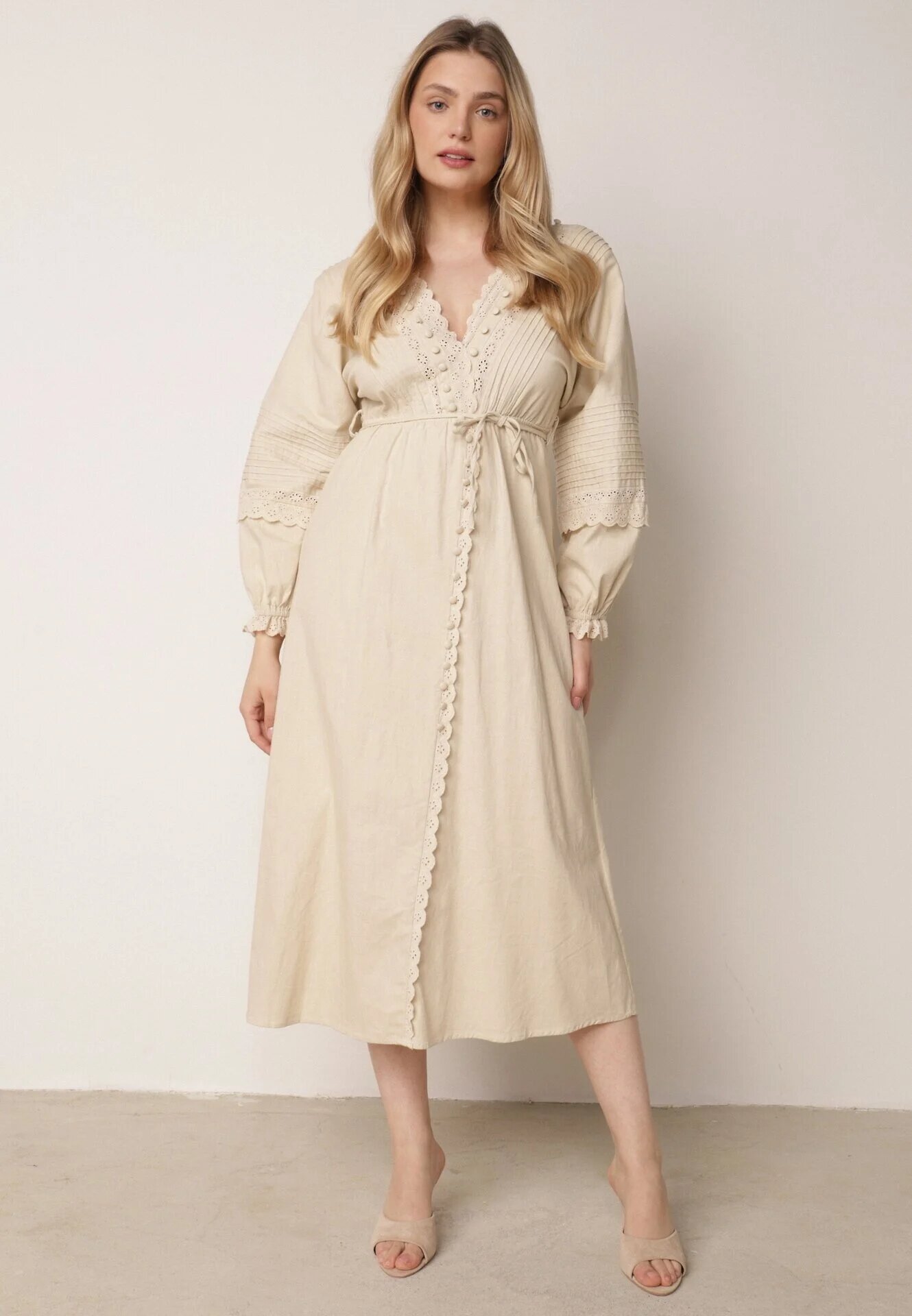 bisou's project Rochie din bumbac bej cu accente din dantelă cu talie elastică și curea din material textil Jariena