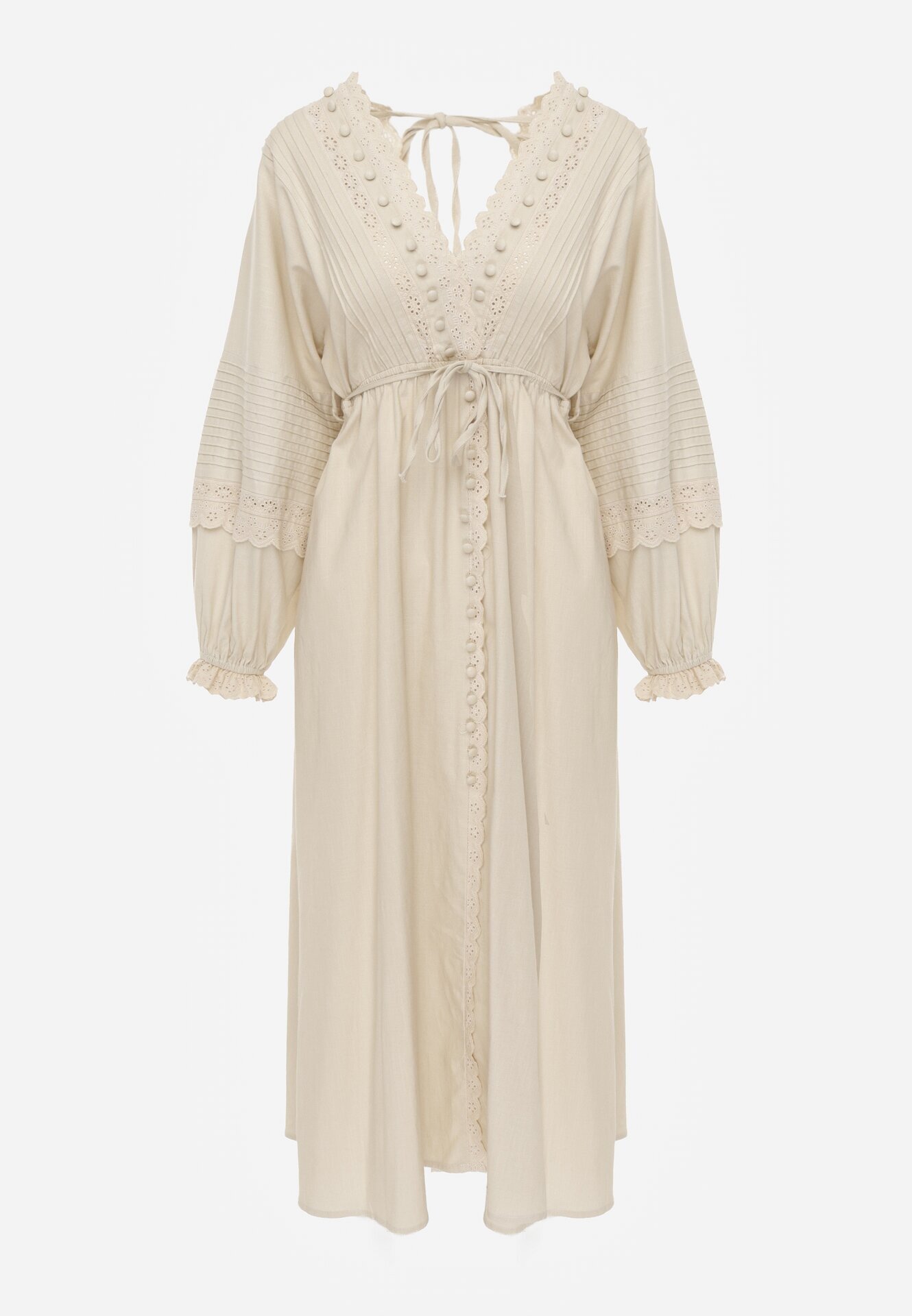 bisou's project Rochie din bumbac bej cu accente din dantelă cu talie elastică și curea din material textil Jariena