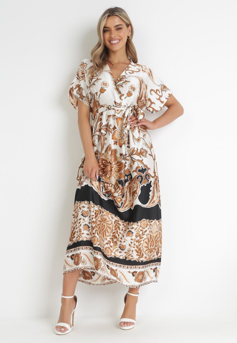 bisou's project Rochie Maxi Crem-Neagră cu Decolteu Petrecut și Elastic în Talie cu Imprimeu Oriental Sierrina