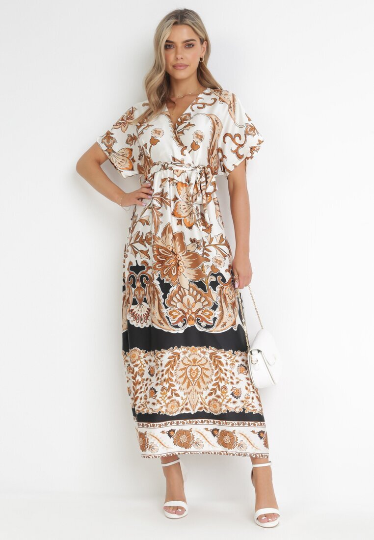 bisou's project Rochie Maxi Crem-Neagră cu Decolteu Petrecut și Elastic în Talie cu Imprimeu Oriental Sierrina