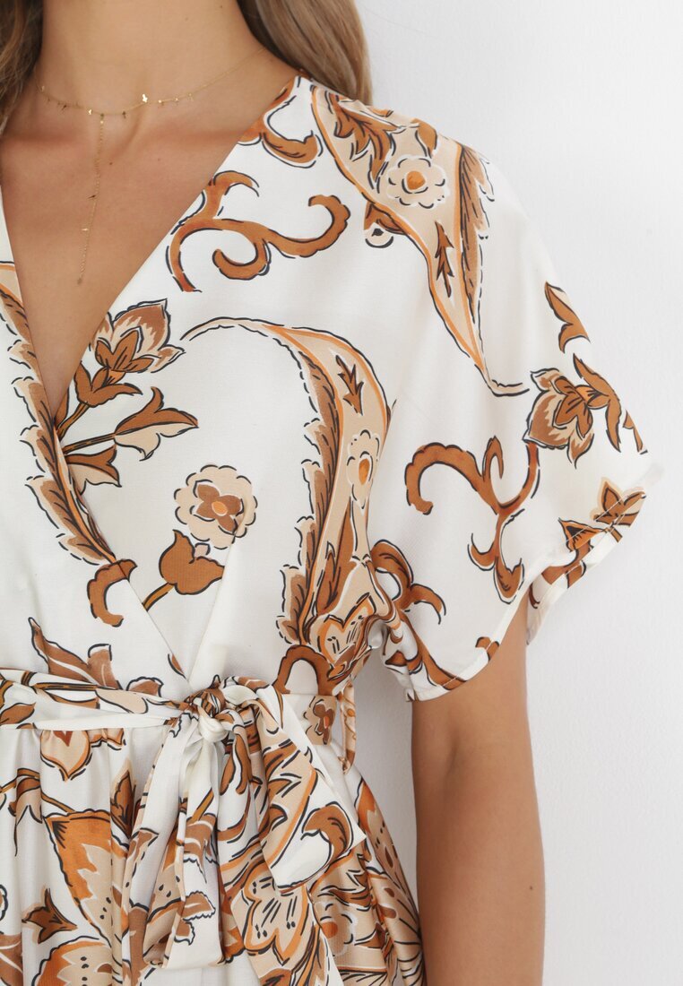 bisou's project Rochie Maxi Crem-Neagră cu Decolteu Petrecut și Elastic în Talie cu Imprimeu Oriental Sierrina