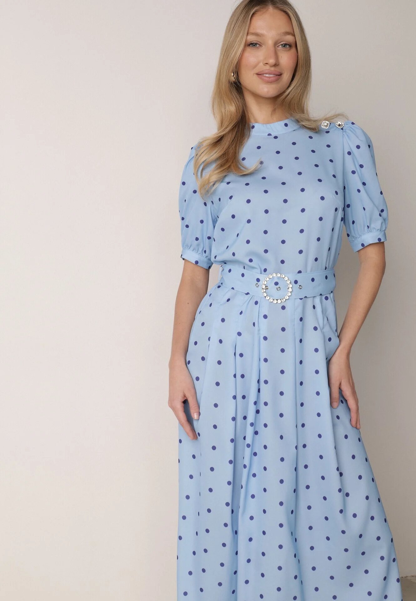 bisou's project Rochie Midi Albastră cu Elastic în Talie și Curea din Material cu Cataramă Maerali