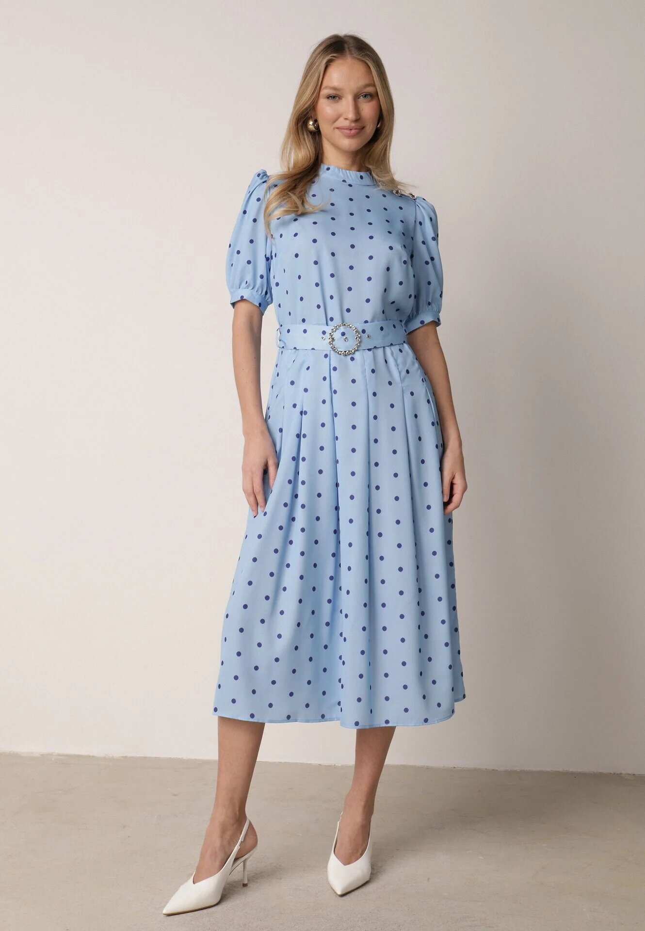 bisou's project Rochie Midi Albastră cu Elastic în Talie și Curea din Material cu Cataramă Maerali