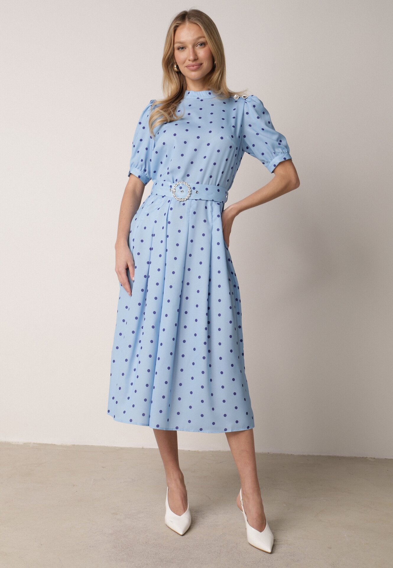 bisou's project Rochie Midi Albastră cu Elastic în Talie și Curea din Material cu Cataramă Maerali