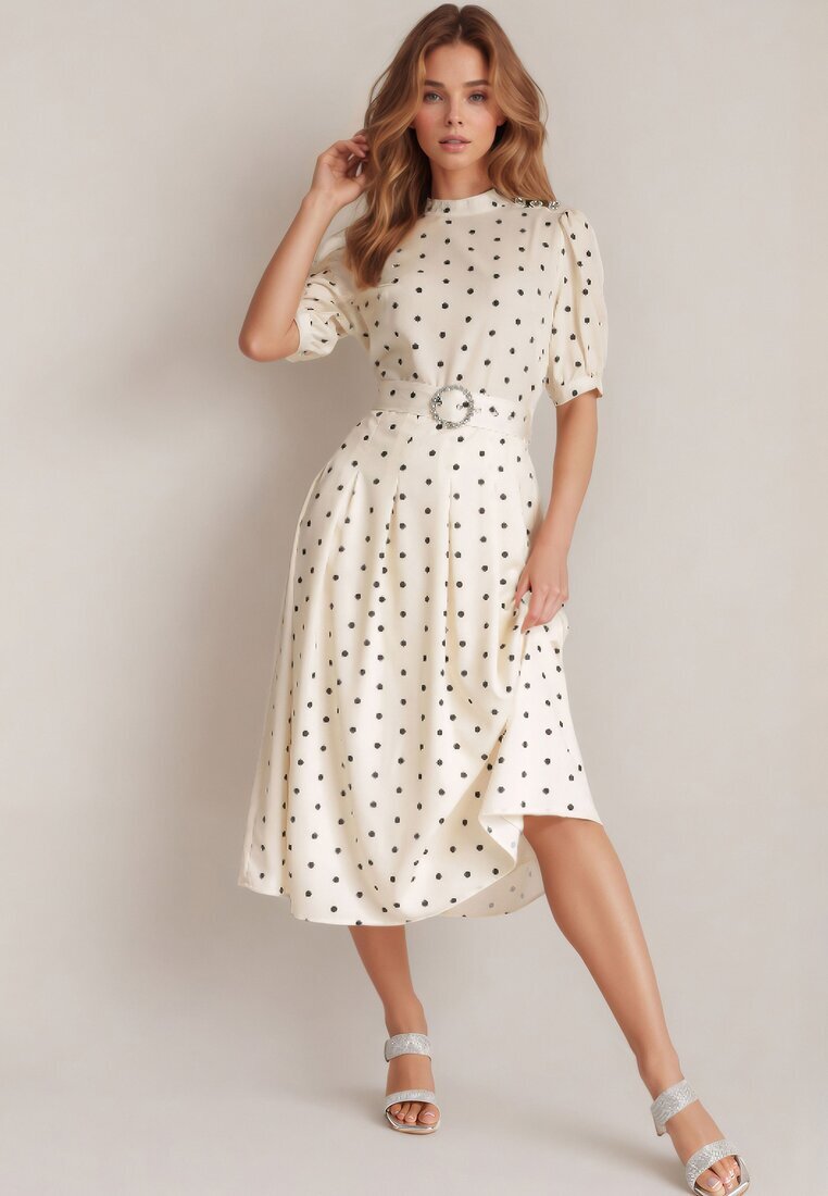 bisou's project Rochie midi bej deschis cu elastic în talie și curea din material textil cu cataramă Maerali