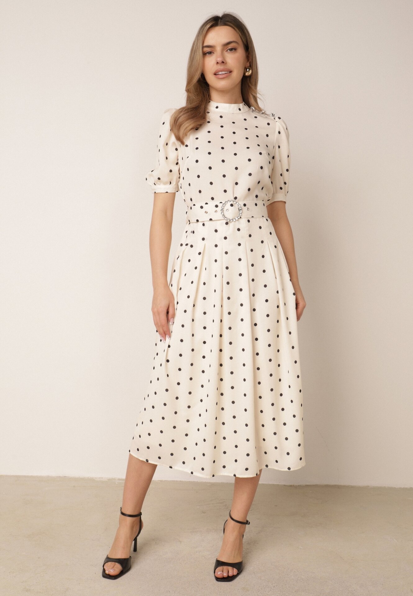 bisou's project Rochie midi bej deschis cu elastic în talie și curea din material textil cu cataramă Maerali