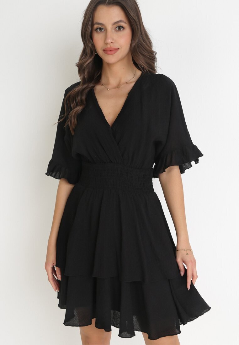 bisou's project Rochie Mini Neagră cu elastic în talie și volane Edeane
