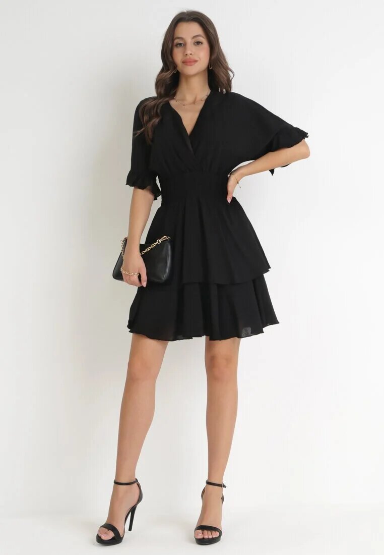 bisou's project Rochie Mini Neagră cu elastic în talie și volane Edeane