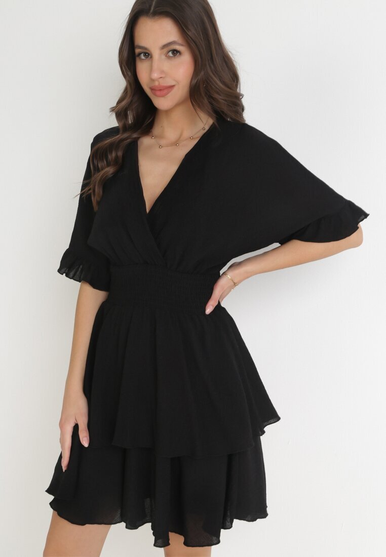 bisou's project Rochie Mini Neagră cu elastic în talie și volane Edeane