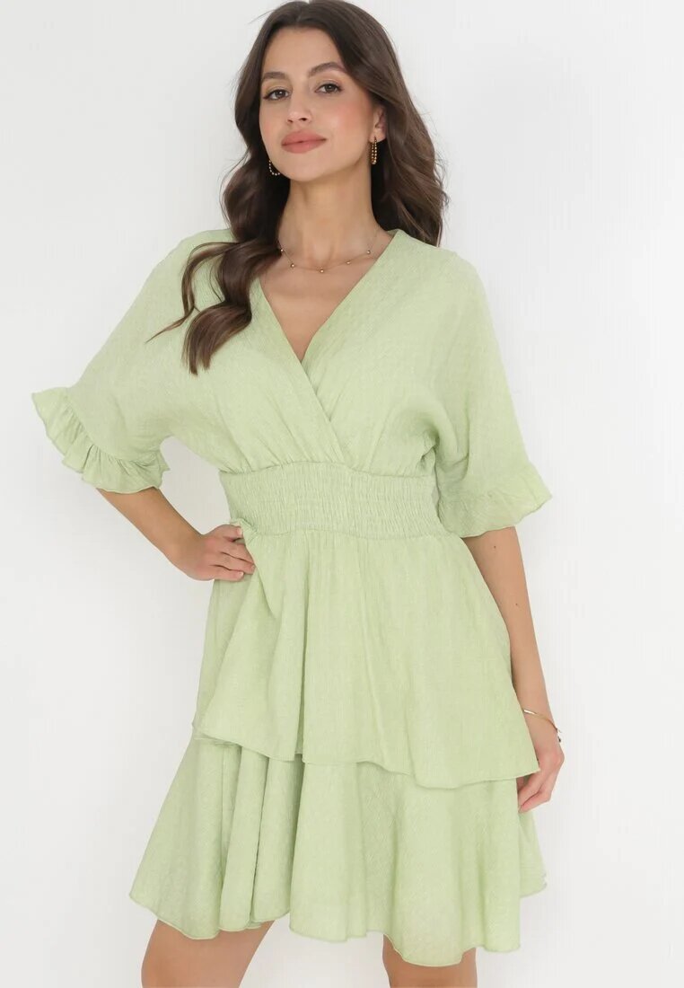 bisou's project Rochie Mini Verde cu elastic în talie și Volane Edeane