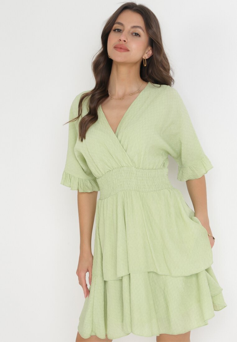 bisou's project Rochie Mini Verde cu elastic în talie și Volane Edeane
