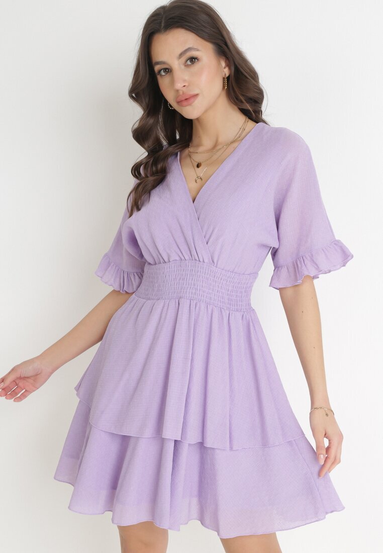 bisou's project Rochie Mov Mini cu Elastic în Talie și Volane Edeane