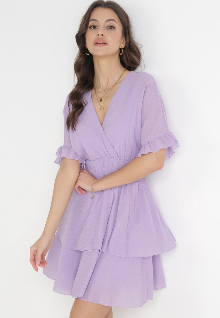 bisou's project Rochie Mov Mini cu Elastic în Talie și Volane Edeane