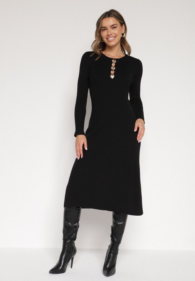bisou's project Rochie Neagră Mulată din Tricot striat cu Vâscoză cu Aplicații Tusmana