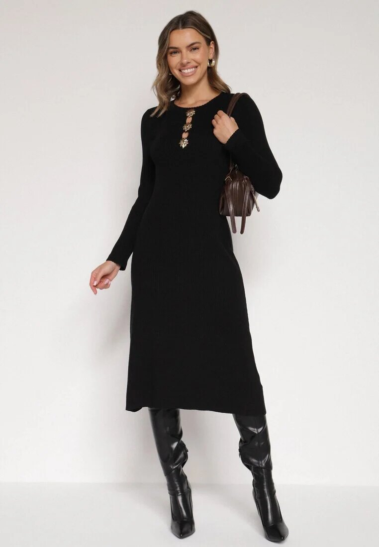 bisou's project Rochie Neagră Mulată din Tricot striat cu Vâscoză cu Aplicații Tusmana