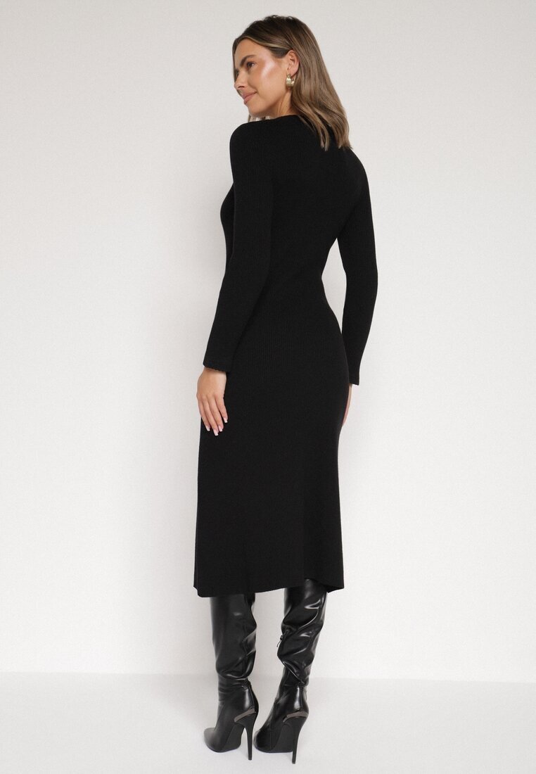 bisou's project Rochie Neagră Mulată din Tricot striat cu Vâscoză cu Aplicații Tusmana