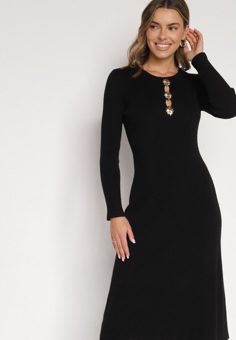bisou's project Rochie Neagră Mulată din Tricot striat cu Vâscoză cu Aplicații Tusmana