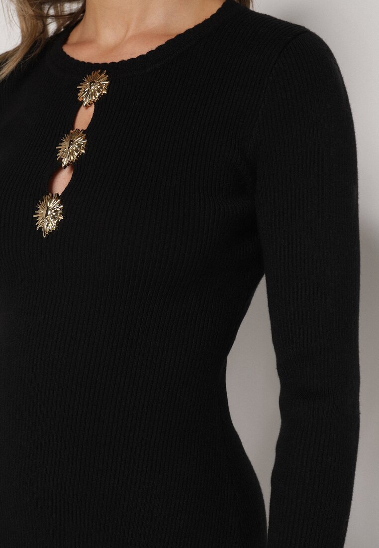 bisou's project Rochie Neagră Mulată din Tricot striat cu Vâscoză cu Aplicații Tusmana
