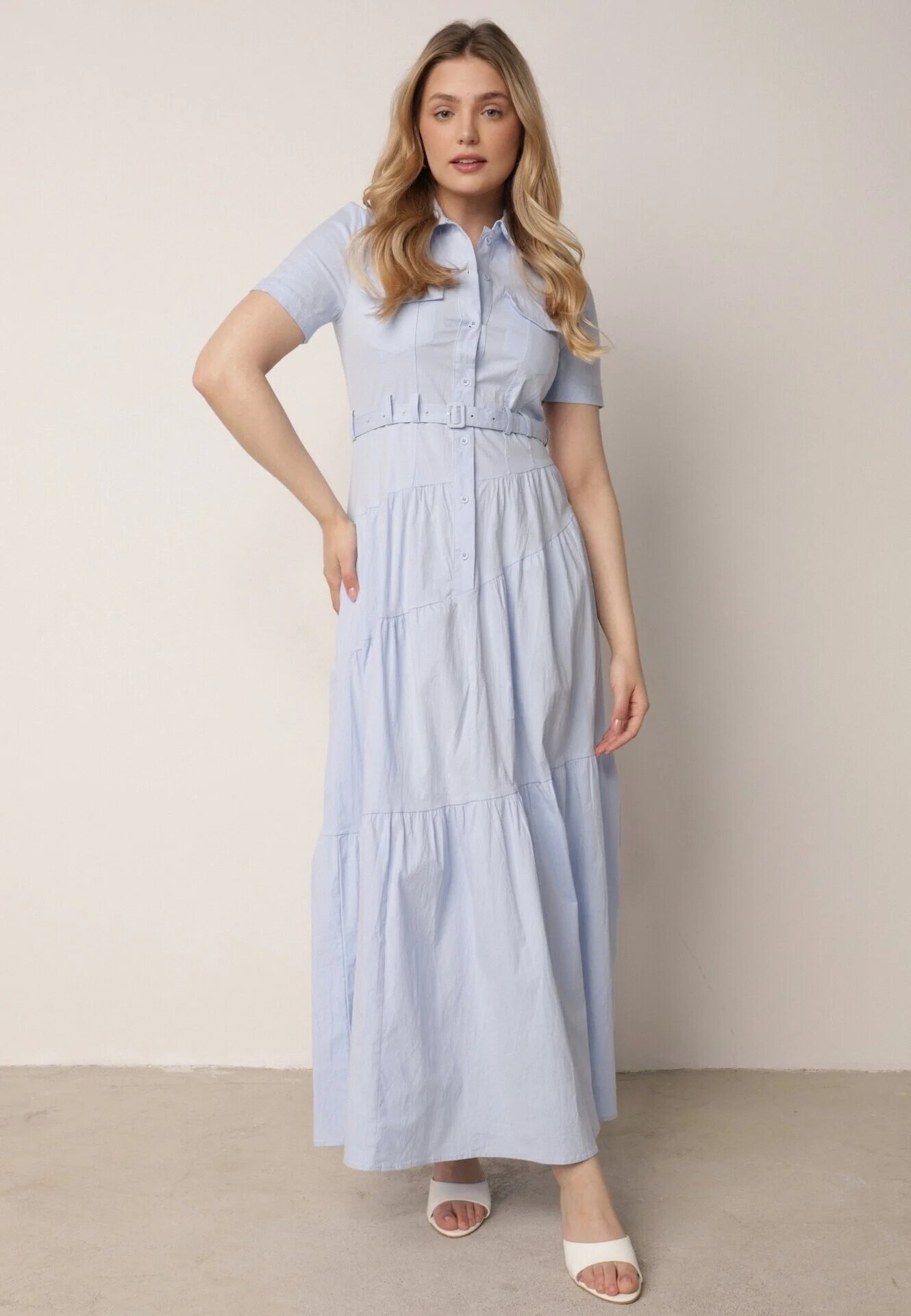 bisou's project Rochie Taliată Albastră din Bumbac în Stil Cămașă cu Imitație de Buzunare Masefia