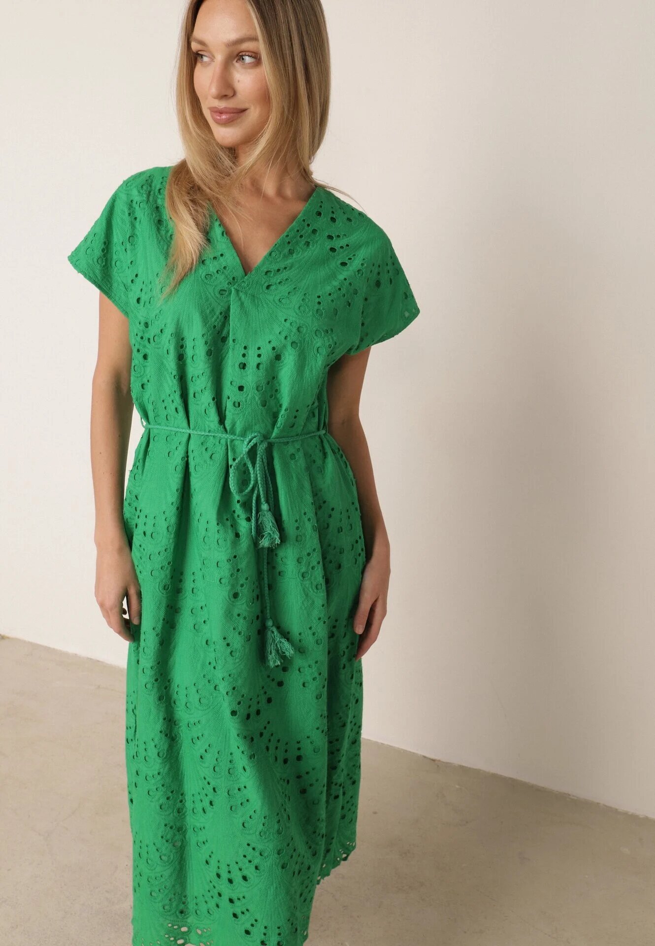 bisou's project Rochie Verde din Bumbac Decorată cu Broderie cu Mânecă Scurtă și Curea din Material Dimisha
