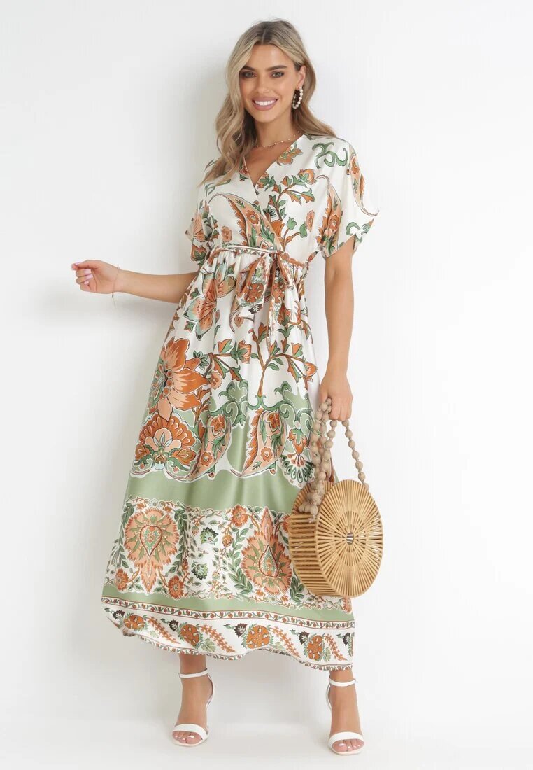bisou's project Rochie Verde Maxi cu Decolteu petrecut și Talie elastică cu Imprimeu oriental Sierrina