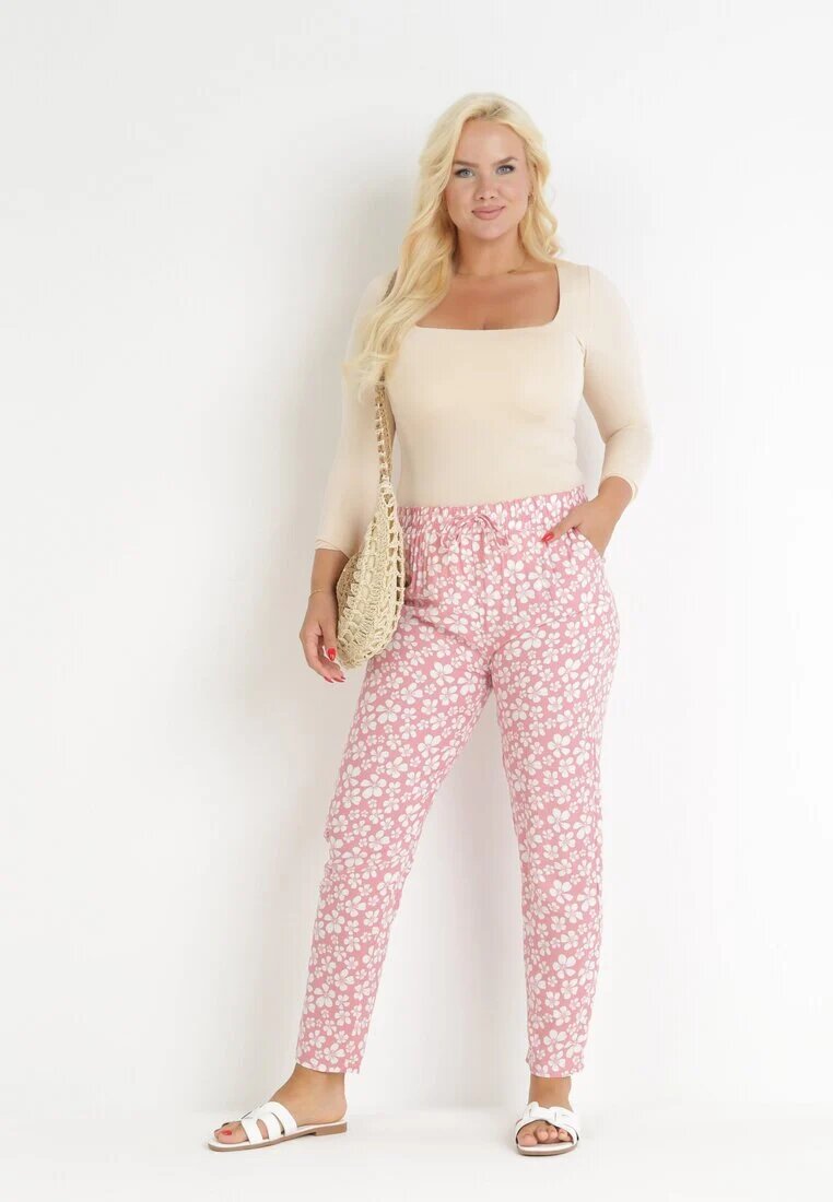 black&fish Pantaloni Roz Florali cu elastic în talie din viscoză Fredise
