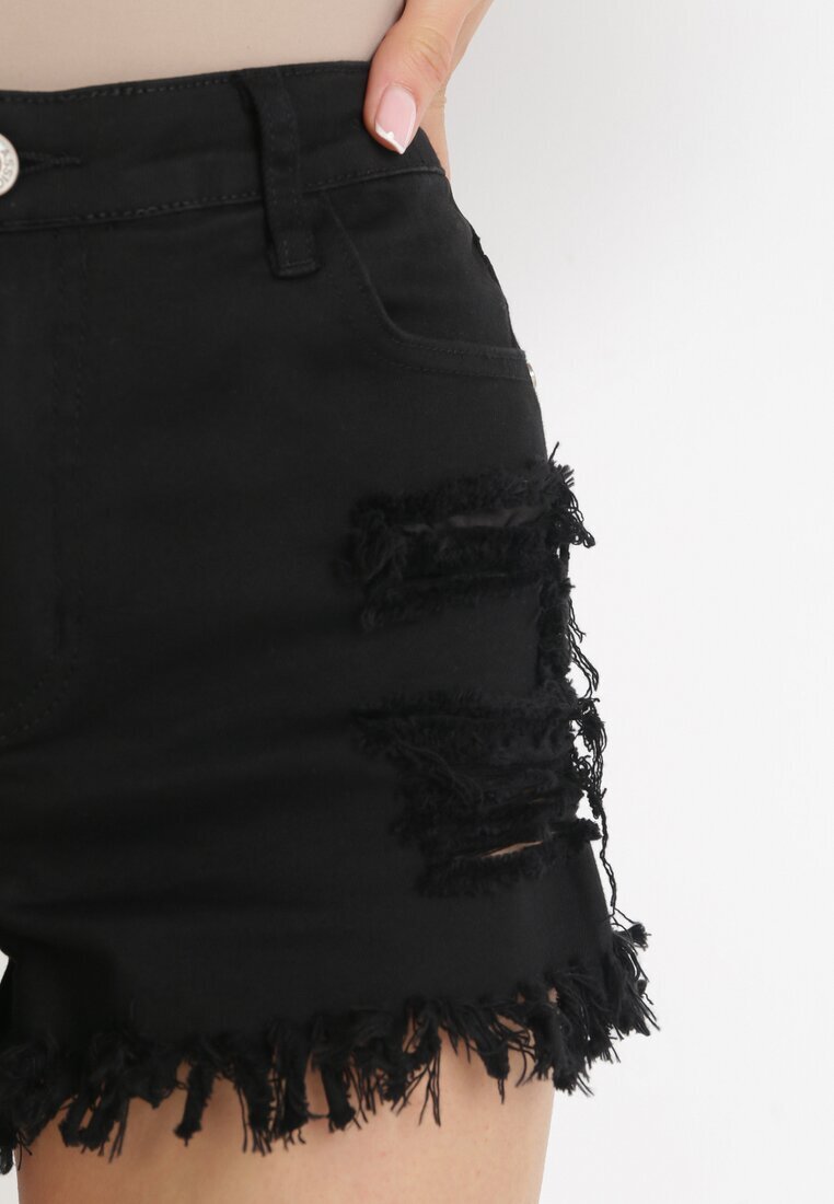 black&fish Pantaloni scurți Negri din Denim cu Margini franjurate și Uzuri Adomone