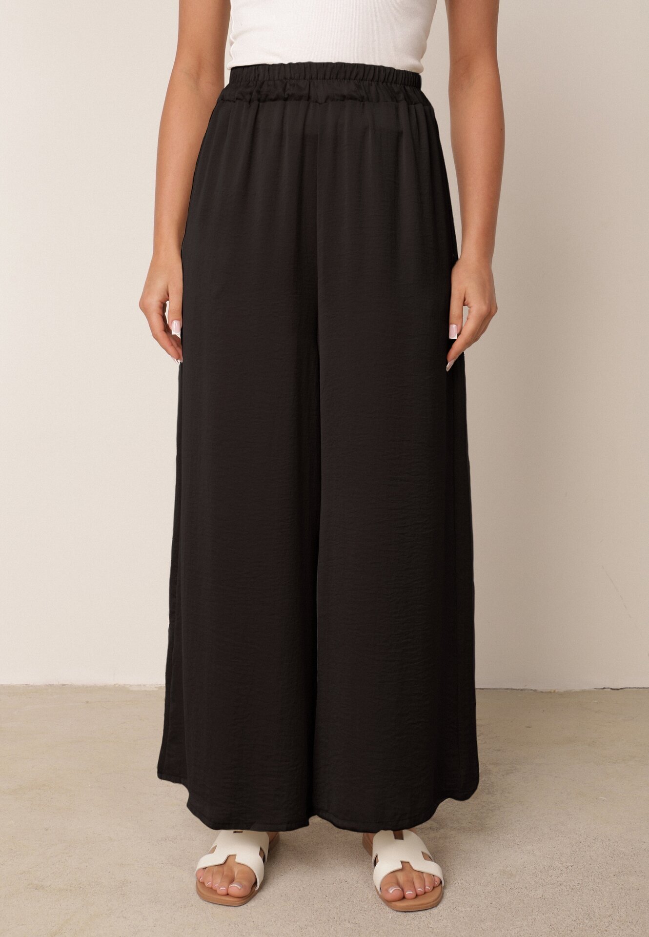 bludeise Pantaloni Negri Largi cu Elastic în Talie Agate
