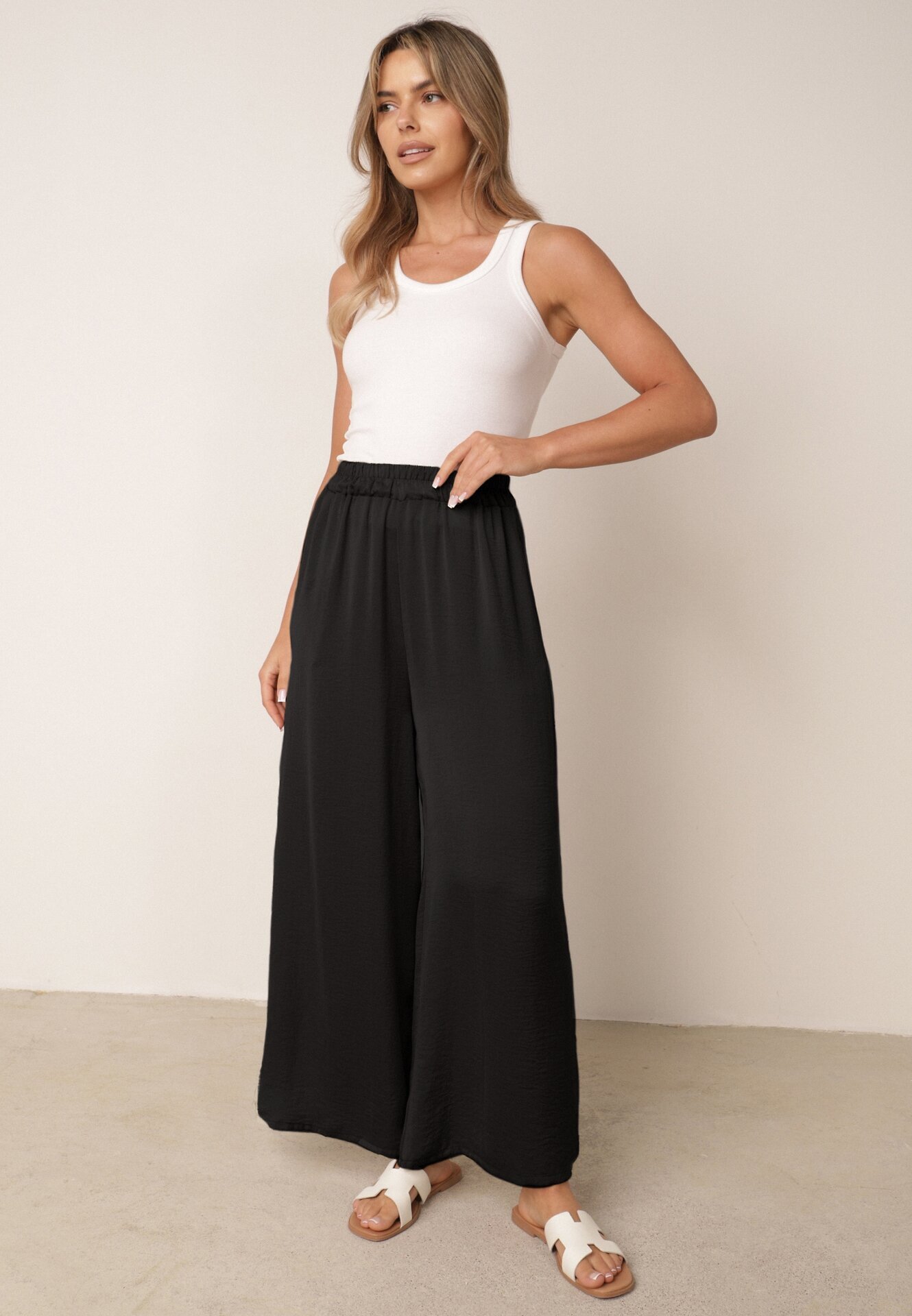 bludeise Pantaloni Negri Largi cu Elastic în Talie Agate