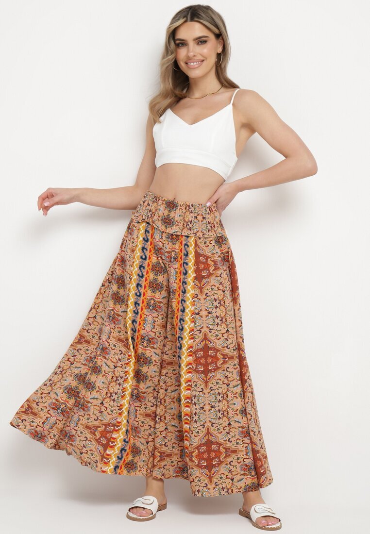 bludeise Pantaloni Palazzo Largi Bej-portocalii cu elastice subțiri în talie și talie înaltă Neana